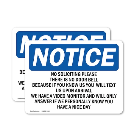 Signmission No Soliciting Please There Is No Door Bell OSHA Notice Sign, Vinyl Decal, 24in W x 18in L, 2PK OS-2PACK-NS-D-1824-L-14836